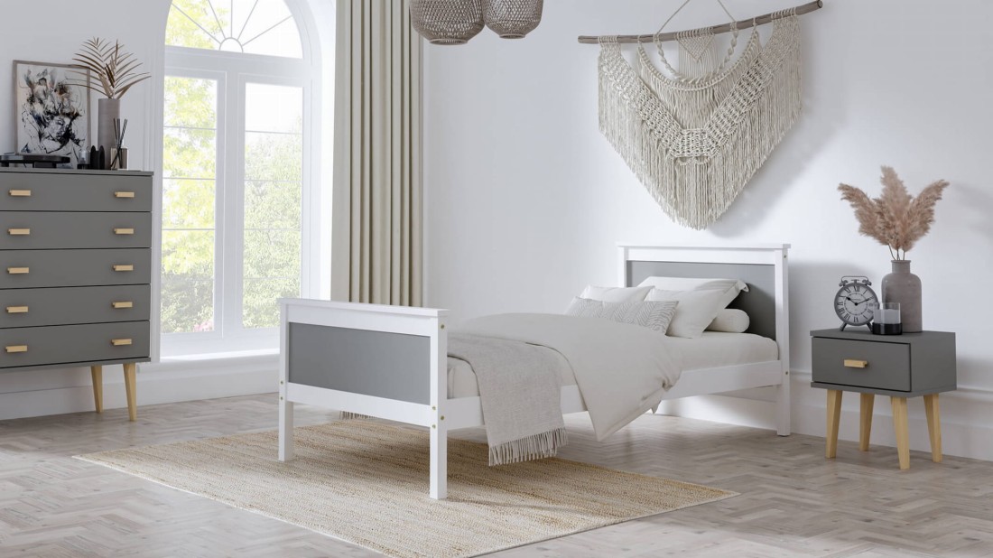 OUTLET - Łóżko drewniane Laris 90x200 białe z szarymi płytami