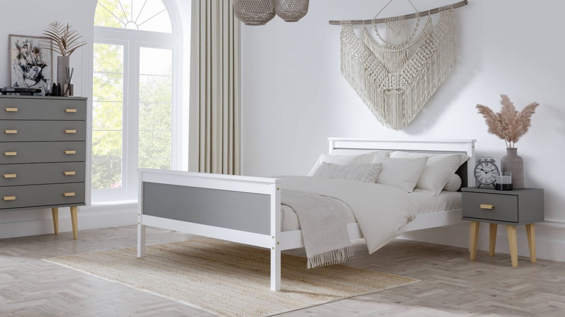 OUTLET - Łóżko drewniane Laris 160x200 białe z szarymi płytami