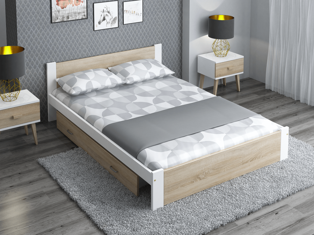 Łóżko DMD3 140x200 Białe + dąb sonoma z materacem i szufladą