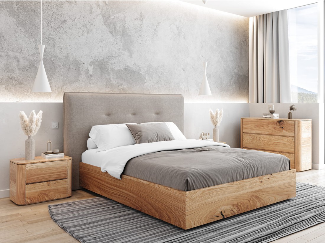 Łóżko dębowe ze stelażem na ramie i pojemnikiem Portofino 160x200