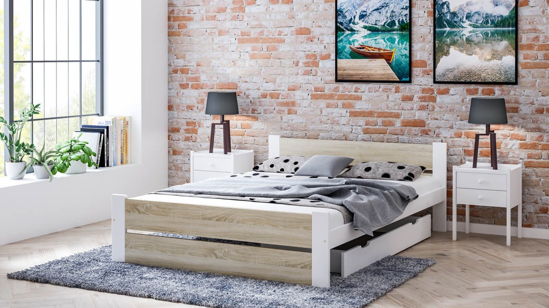 Łóżko 160x200 cm DMD14 Białe + dąb sonoma 