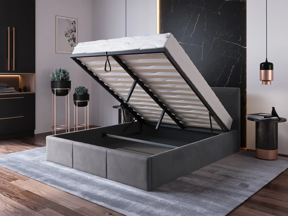 Łóżko tapicerowane z materacem i pojemnikiem 140x200 TOP line 7 Velvet Grafitowy