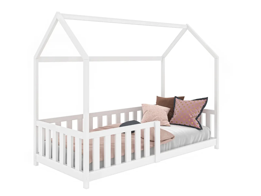 Łóżko dziecięce Domek 80x160 z barierką i stelażem kolor biały D7