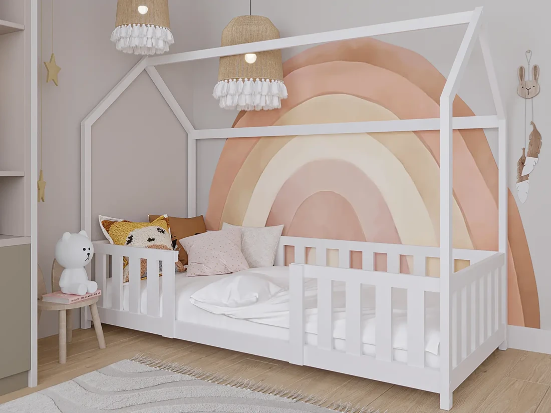 Łóżko dziecięce Domek 80x160 z barierką i stelażem kolor biały D8