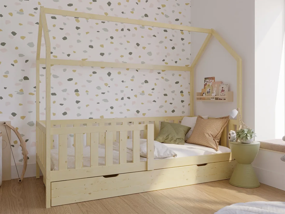Łóżko dziecięce Domek 80x160 z szufladą i stelażem kolor sosna D7s