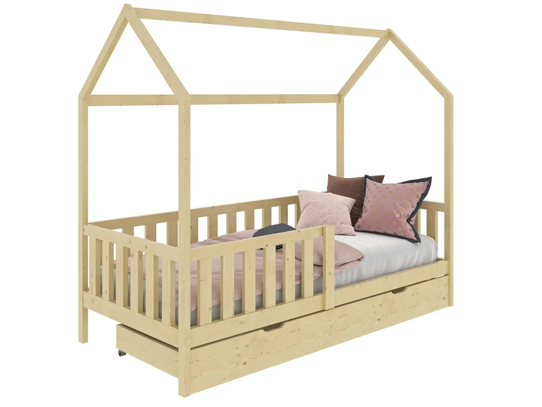 Łóżko dziecięce Domek 80x160 z szufladą i stelażem kolor sosna D7s