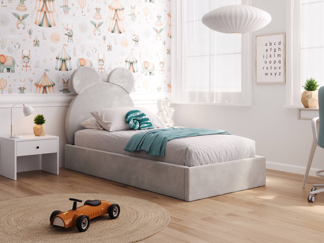 Łóżko dziecięce tapicerowane 90x200 ze stelażem szary Velvet Kids Line 1 Miś