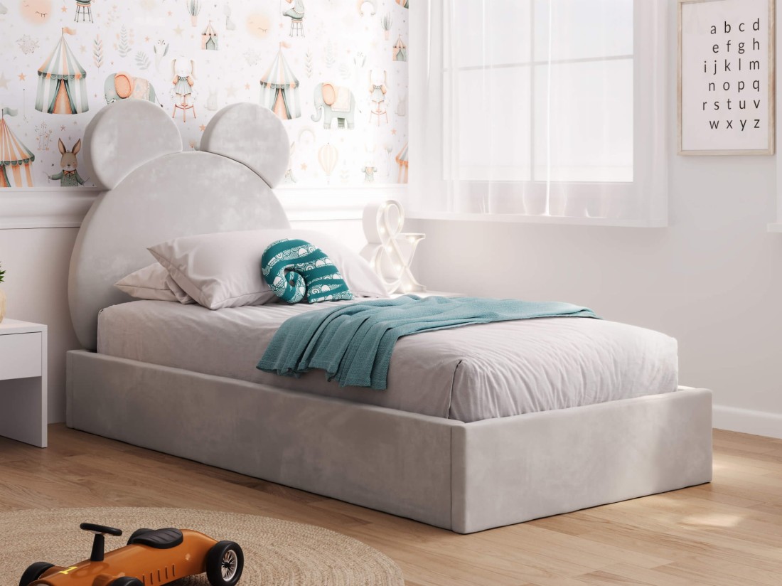 Łóżko dziecięce tapicerowane 90x200 ze stelażem szary Velvet Kids Line 1 Miś