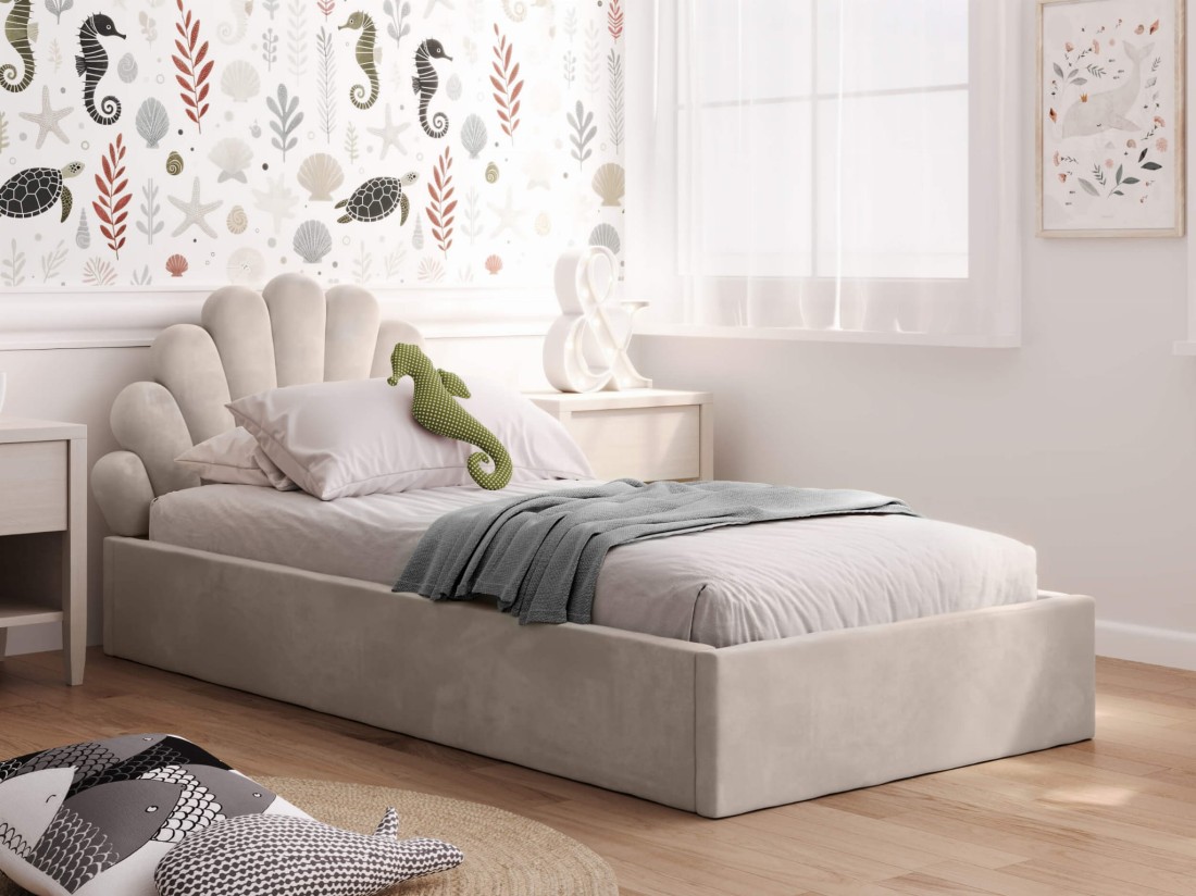 Łóżko dziecięce tapicerowane 90x200 ze stelażem beżowy Velvet Kids Line 3 Muszelka