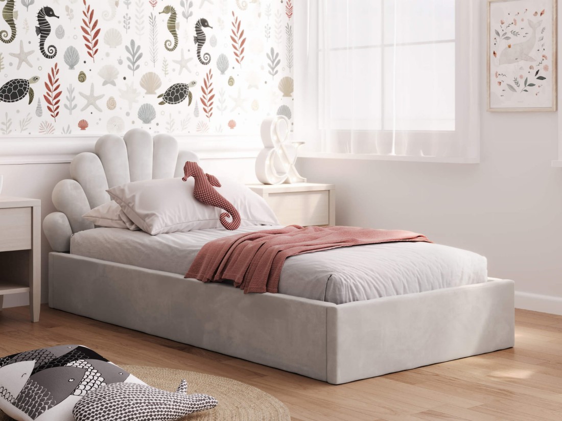 Łóżko dziecięce tapicerowane 90x200 ze stelażem szary Velvet Kids Line 3 Muszelka
