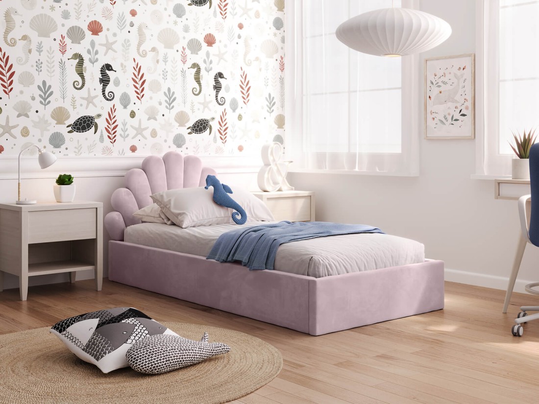 Łóżko dziecięce tapicerowane 90x200 ze stelażem różowy Velvet Kids Line 3 Muszelka