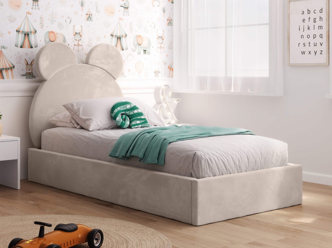 Łóżko dziecięce tapicerowane z pojemnikiem 90x200 ze stelażem beżowy Velvet Kids Line 1 Miś