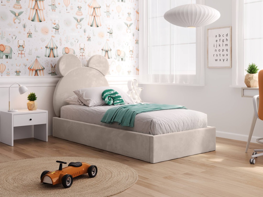 Łóżko dziecięce tapicerowane z pojemnikiem 90x200 ze stelażem beżowy Velvet Kids Line 1 Miś