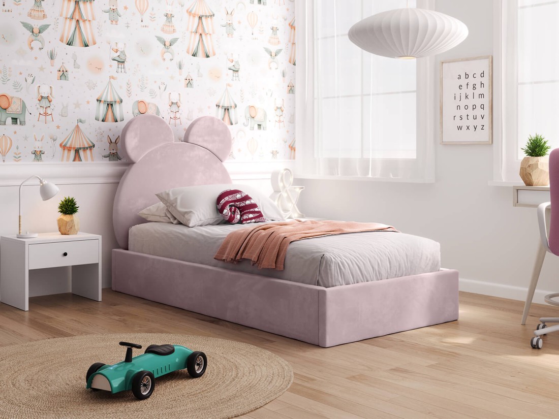 Łóżko dziecięce tapicerowane z pojemnikiem 90x200 ze stelażem różowy Velvet Kids Line 1 Miś