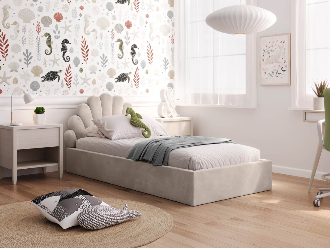 Łóżko dziecięce tapicerowane z pojemnikiem 90x200 ze stelażem beżowy Velvet Kids Line 3 Muszelka