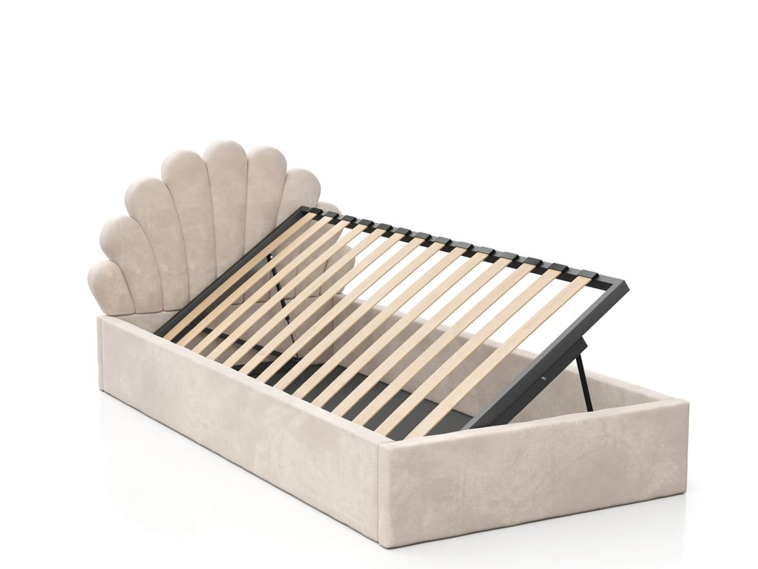 Łóżko dziecięce tapicerowane z pojemnikiem 90x200 ze stelażem beżowy Velvet Kids Line 3 Muszelka