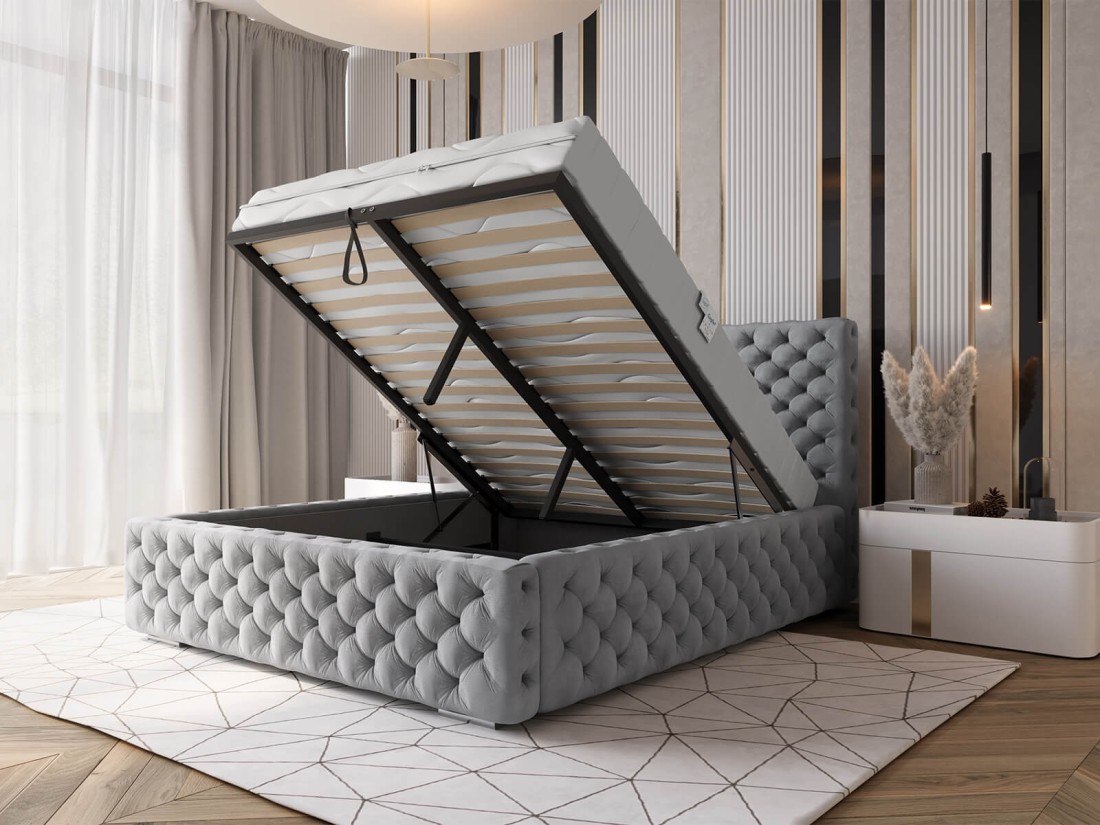 Łóżko tapicerowane z pojemnikiem 140x200 szare PRO line 15