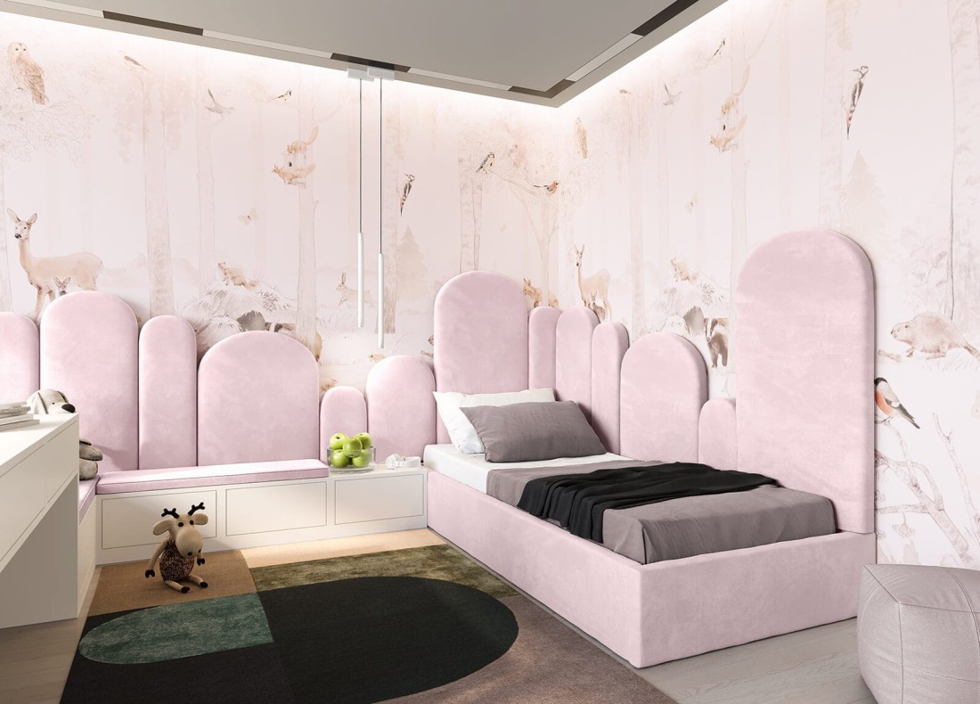 Łóżko dziecięce tapicerowane 90x200 z pojemnikiem ze stelażem Różowy Velvet Kids Line BOX