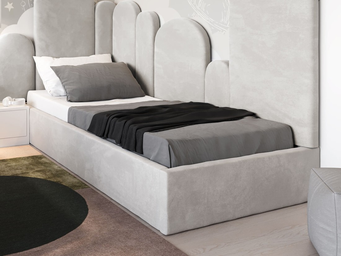 Łóżko młodzieżowe tapicerowane 120x200 z pojemnikiem ze stelażem Szary Velvet Kids Line BOX