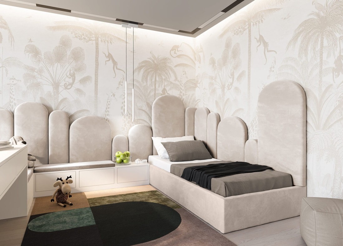 Łóżko młodzieżowe tapicerowane 120x200 z pojemnikiem ze stelażem Beżowy Velvet Kids Line BOX