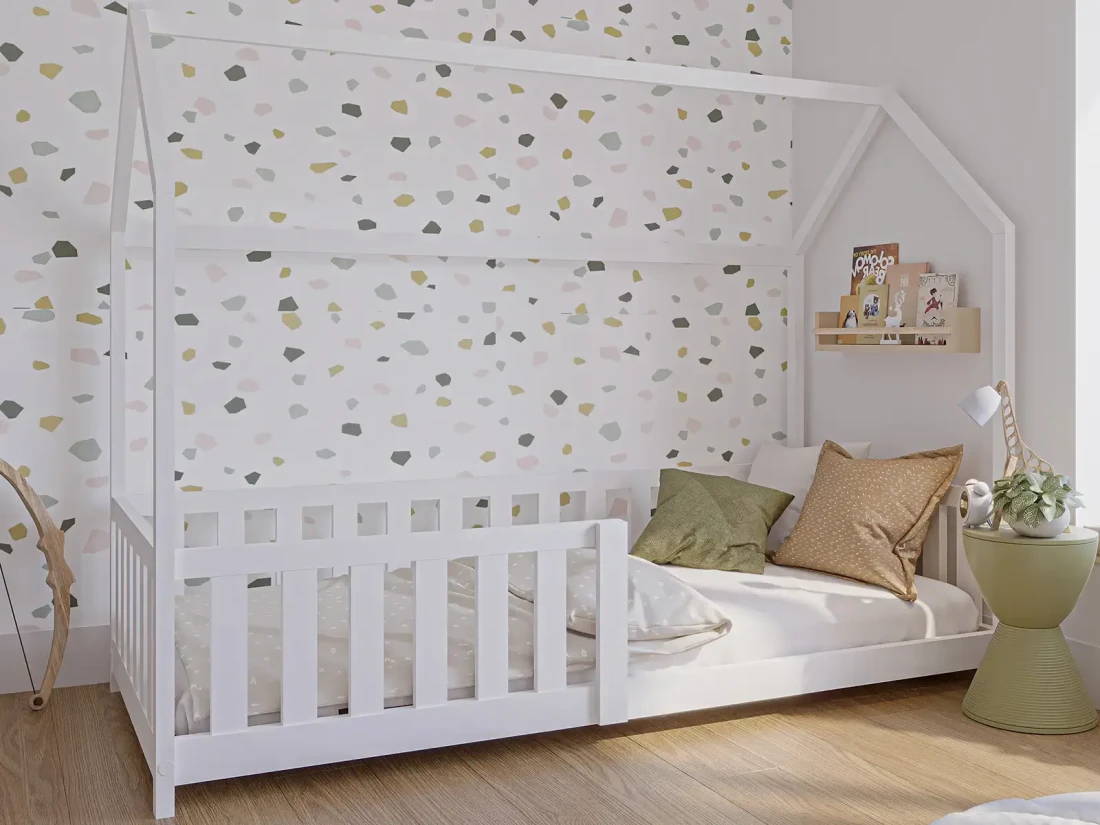 Łóżko dziecięce Domek 80x160 z barierką i stelażem kolor biały D7