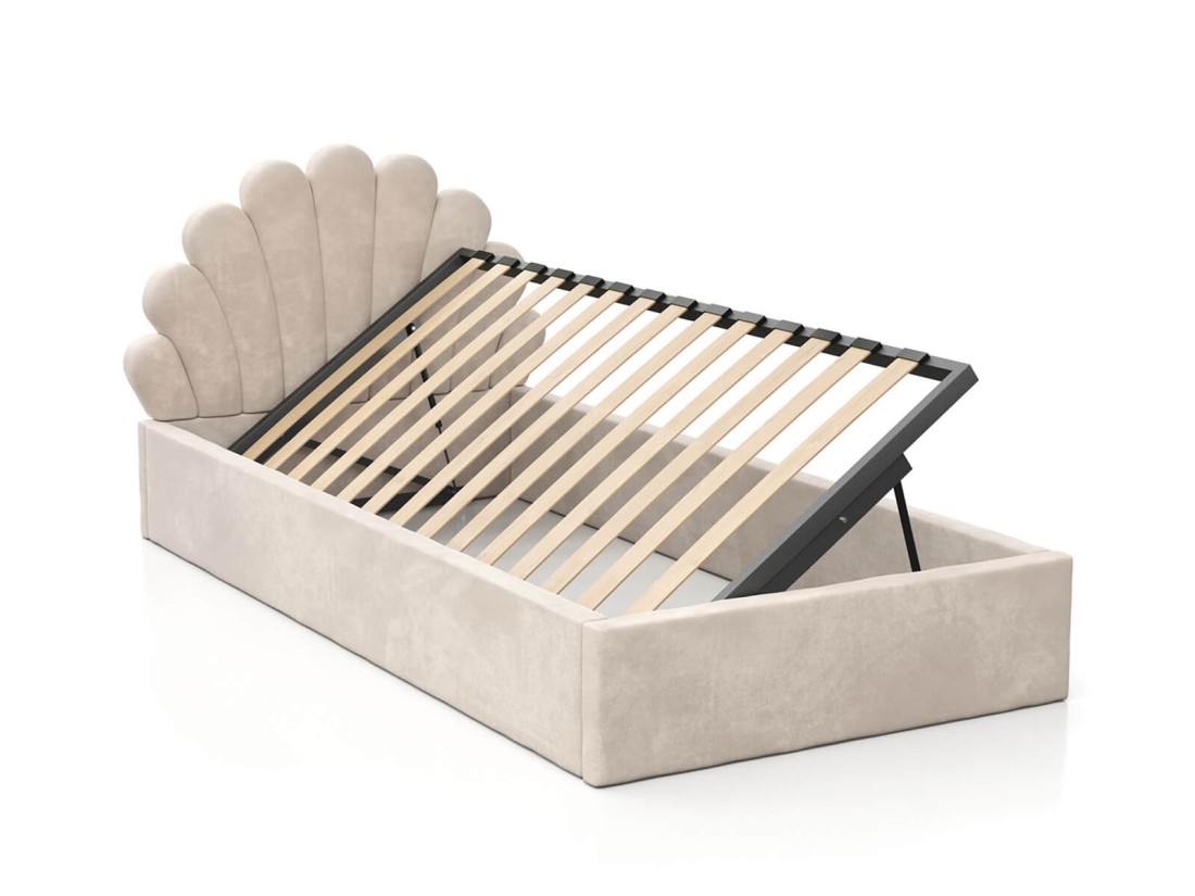 Łóżko dziecięce tapicerowane z pojemnikiem 90x200 ze stelażem beżowy Velvet Kids Line 3 Muszelka