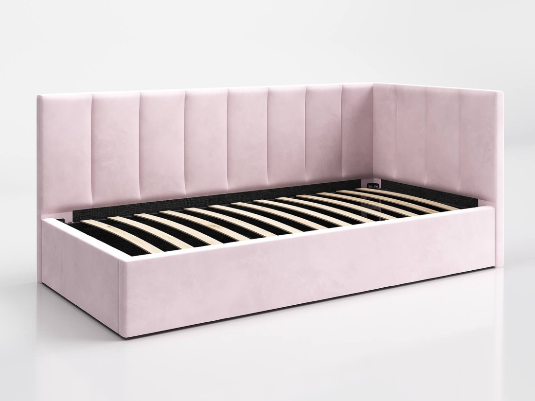 Tapczan jednoosobowy tapicerowany 90x200 z pojemnikiem ze stelażem różowy Velvet Tom