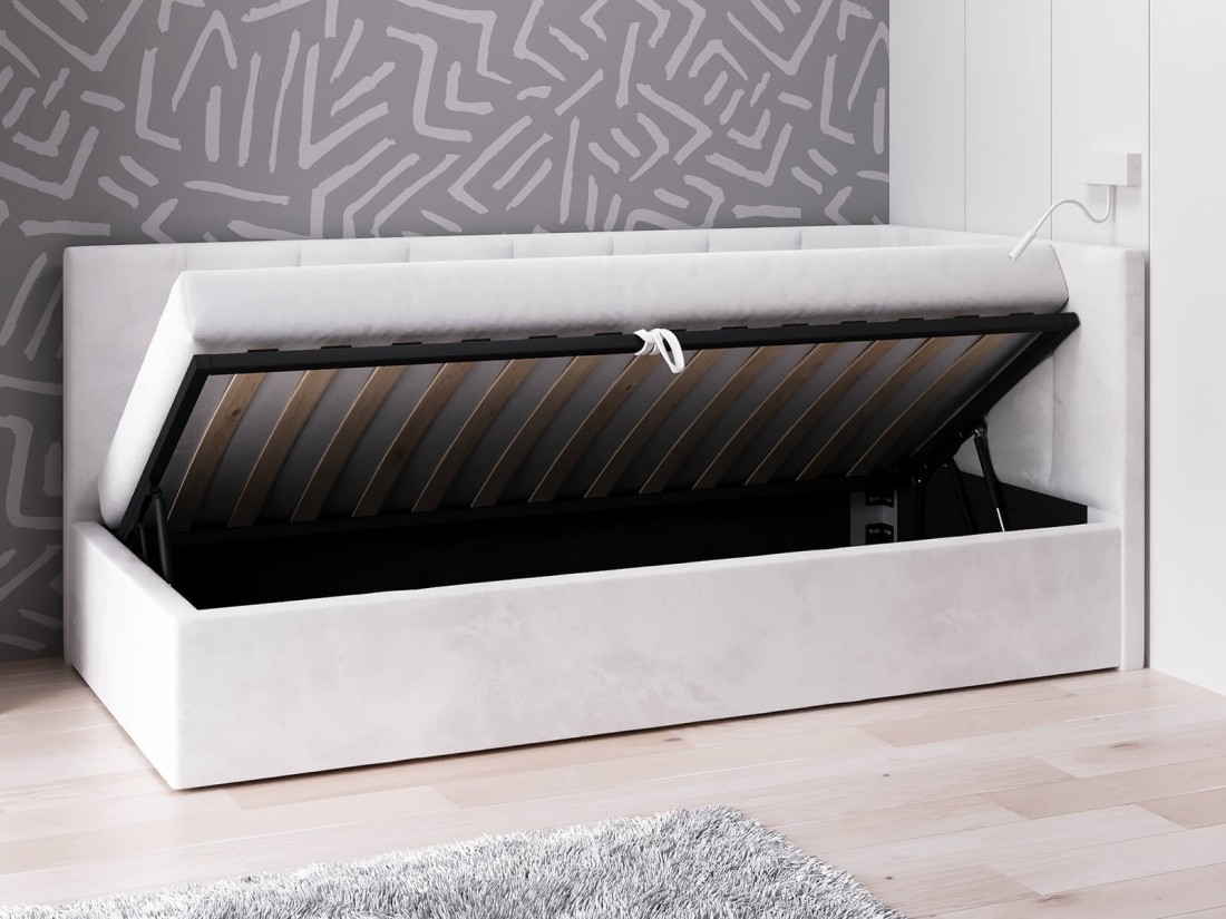 Tapczan jednoosobowy tapicerowany 90x200 z pojemnikiem ze stelażem szary Velvet Tom