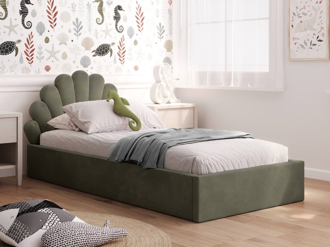 Łóżko dziecięce tapicerowane z pojemnikiem 90x200 ze stelażem oliwkowy Velvet Kids Line 3 Muszelka