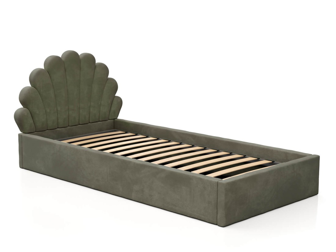 Łóżko dziecięce tapicerowane z pojemnikiem 90x200 ze stelażem oliwkowy Velvet Kids Line 3 Muszelka