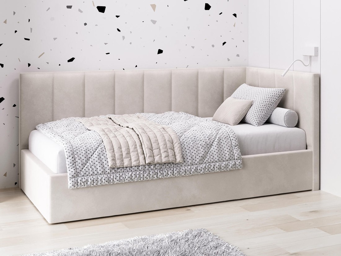 Tapczan jednoosobowy tapicerowany 90x200 z pojemnikiem ze stelażem beżowy Velvet Tom