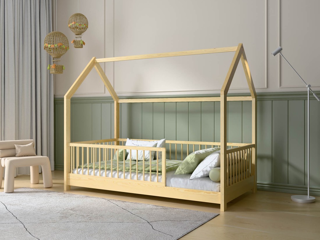 Łóżko dziecięce Domek 80x160 z barierką i stelażem kolor sosna D9