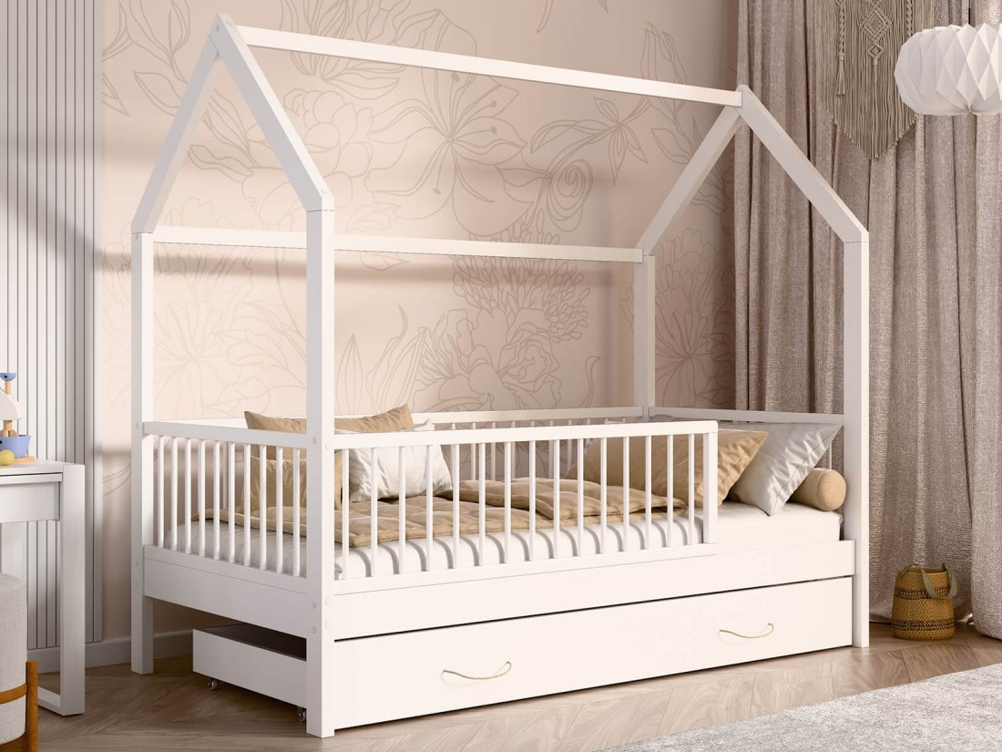 Łóżko dziecięce Domek 80x160 z szufladą i stelażem kolor biały D9S