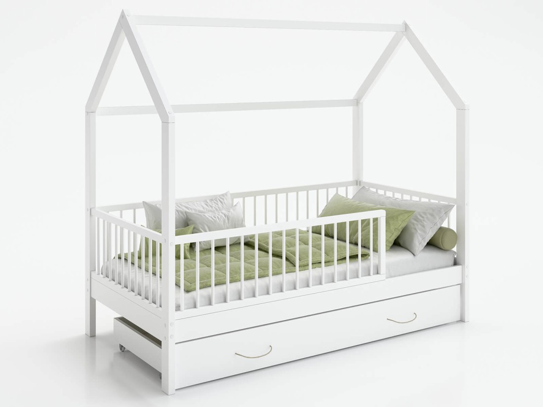 Łóżko dziecięce Domek 80x160 z szufladą i stelażem kolor biały D9S