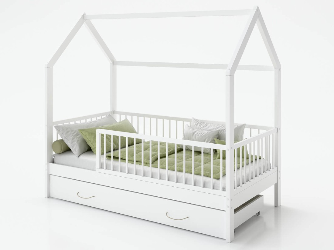 Łóżko dziecięce Domek 80x160 z szufladą i stelażem kolor biały D9S