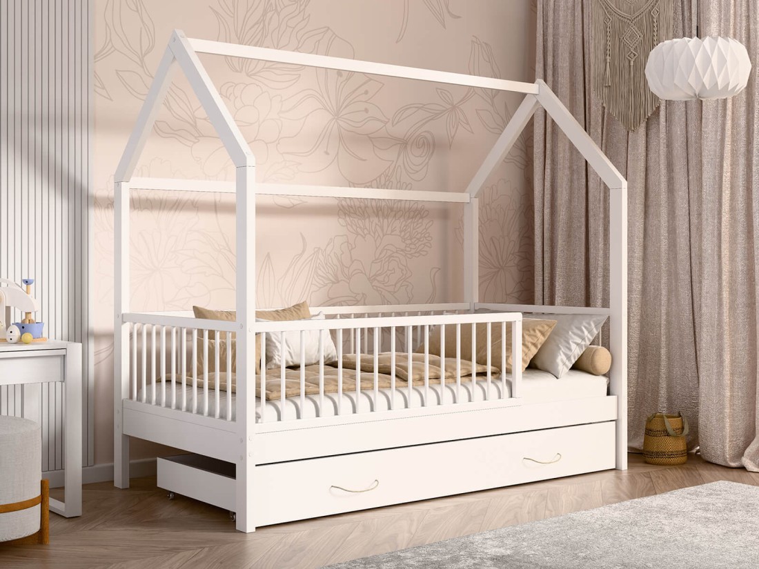 Łóżko dziecięce Domek 80x160 z szufladą i stelażem kolor biały D9S