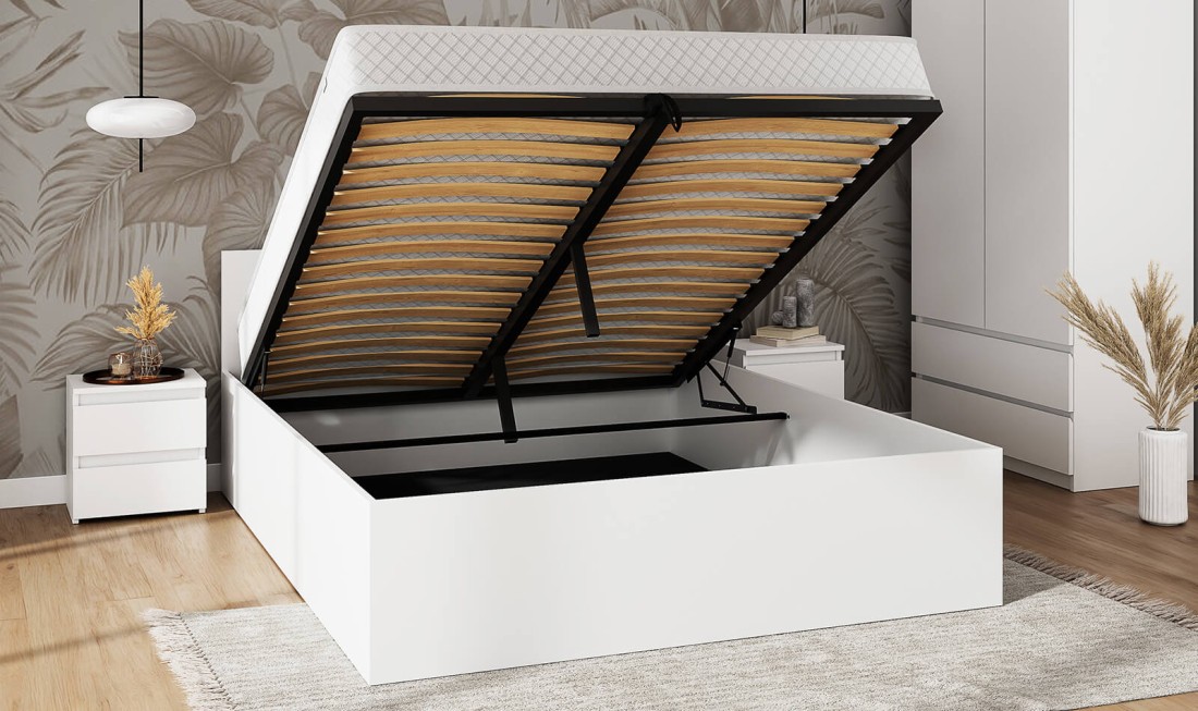 Łóżko DM1 120x200 Białe ze stelażem metalowym podnoszonym i pojemnikiem