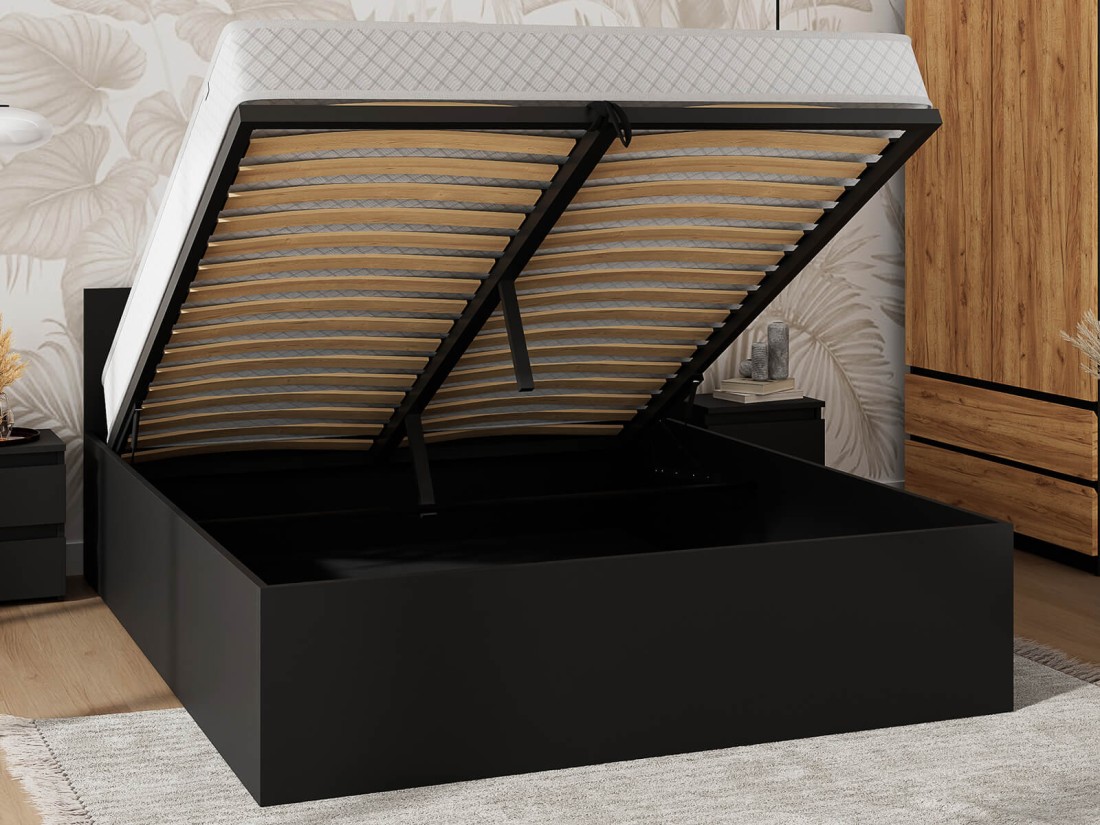 Łóżko DM1 120x200 Czarne ze stelażem metalowym podnoszonym i pojemnikiem