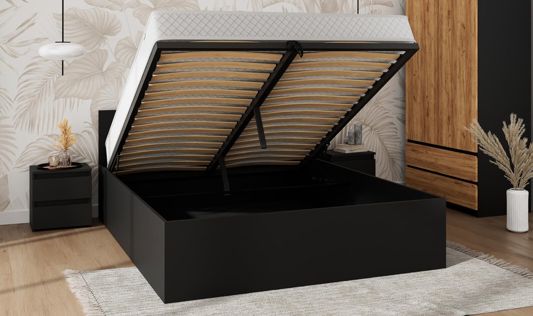 Łóżko DM1 140x200 Czarne ze stelażem metalowym podnoszonym i pojemnikiem