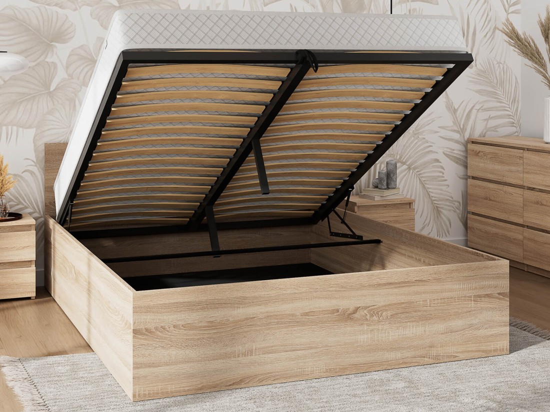 Łóżko DM1 140x200 Sonoma ze stelażem metalowym podnoszonym i pojemnikiem