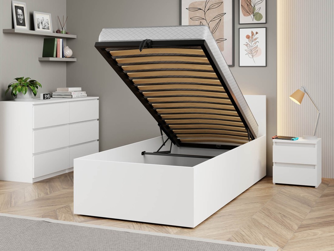 Łóżko DM1 90x200 Białe ze stelażem metalowym podnoszonym i pojemnikiem