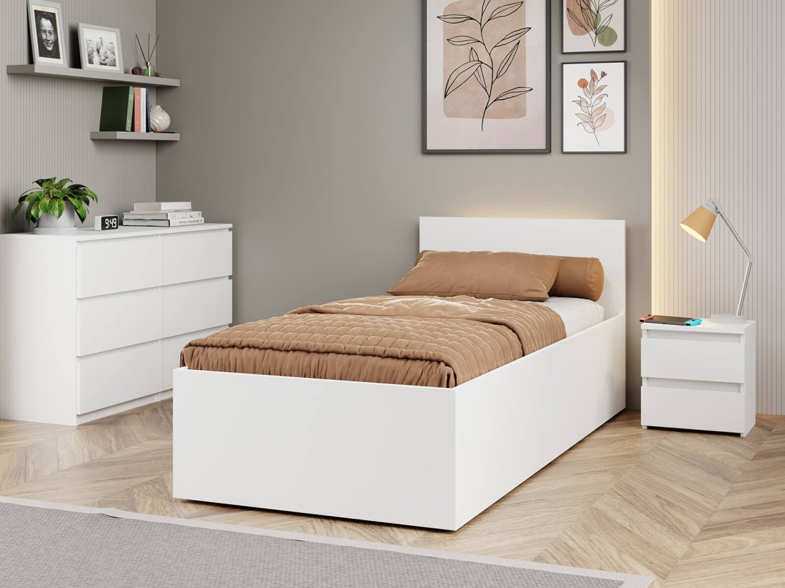 Łóżko DM1 90x200 Białe ze stelażem metalowym podnoszonym i pojemnikiem