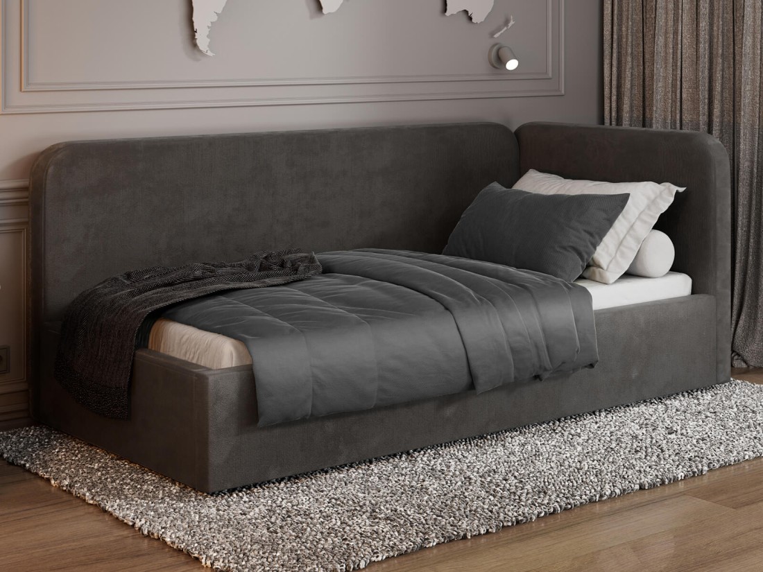 Tapczan jednoosobowy tapicerowany 90x200 z pojemnikiem ze stelażem Bluvel 18 Grafitowy Leo 