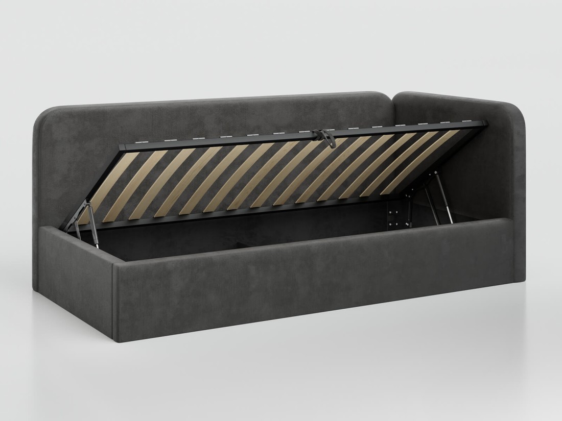 Tapczan jednoosobowy tapicerowany 90x200 z pojemnikiem ze stelażem Bluvel 18 Grafitowy Leo 