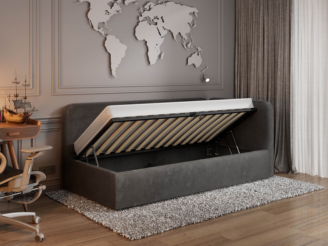 Tapczan jednoosobowy tapicerowany 90x200 z pojemnikiem ze stelażem Bluvel 18 Grafitowy Leo 