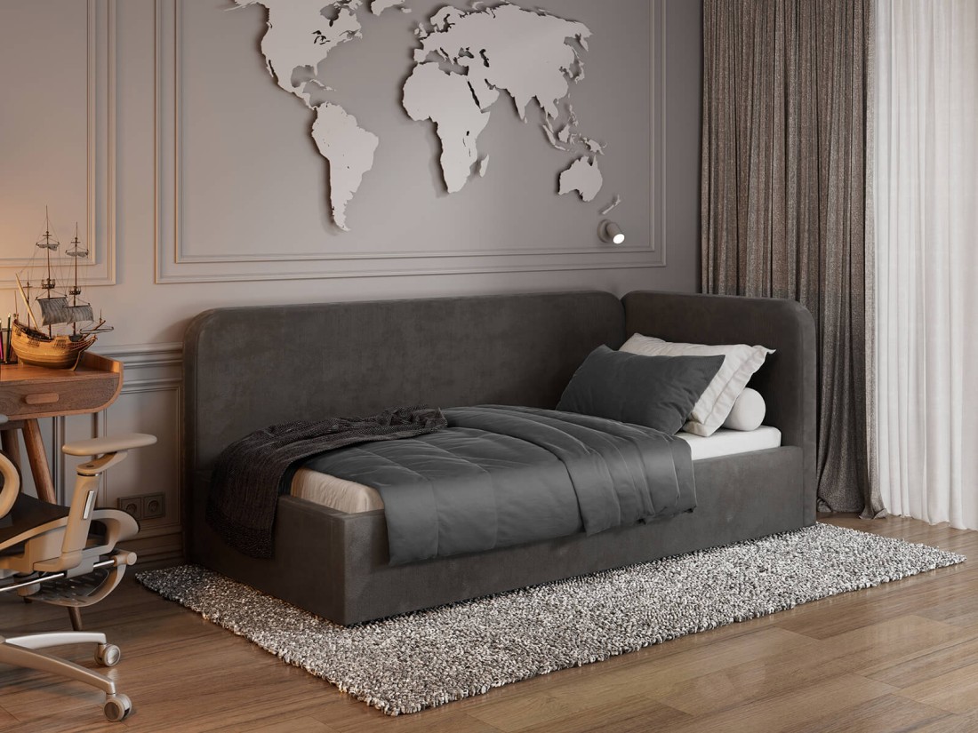 Tapczan jednoosobowy tapicerowany 90x200 z pojemnikiem ze stelażem Bluvel 18 Grafitowy Leo 