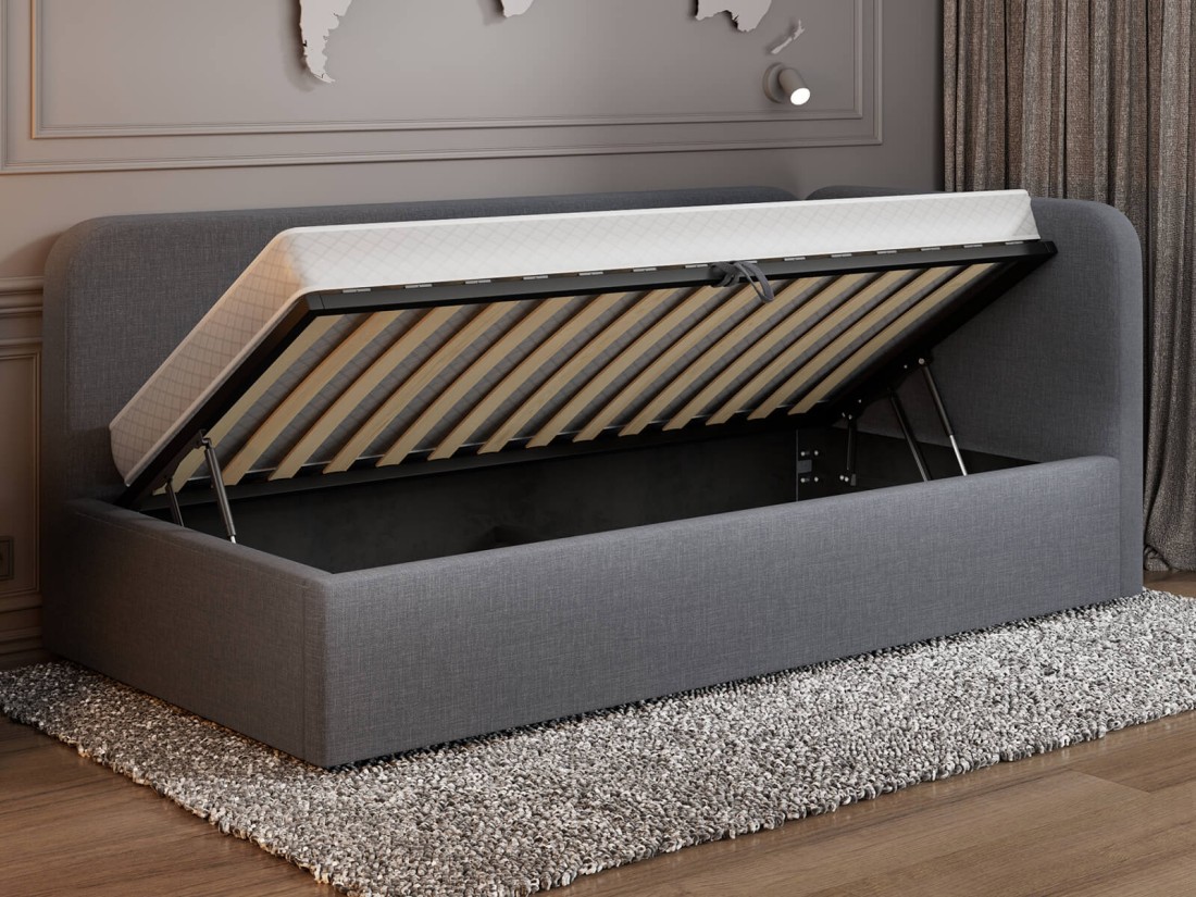 Tapczan jednoosobowy tapicerowany 90x200 z pojemnikiem ze stelażem Colet 17 Szary Leo