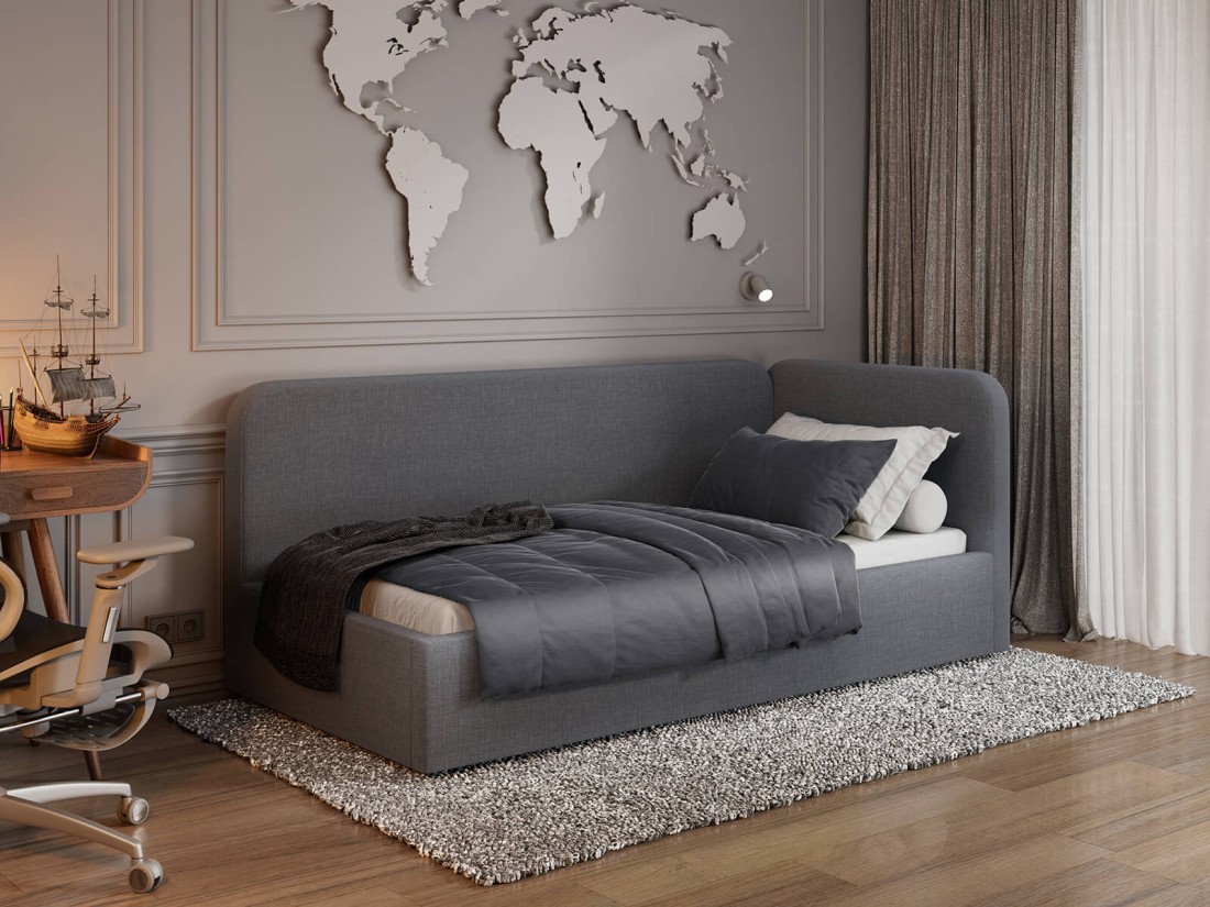 Tapczan jednoosobowy tapicerowany 90x200 z pojemnikiem ze stelażem Colet 17 Szary Leo