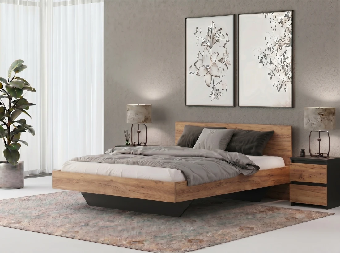Łóżko lewitujące 180x200 dąb craft + czarny DM2 z płyty meblowej