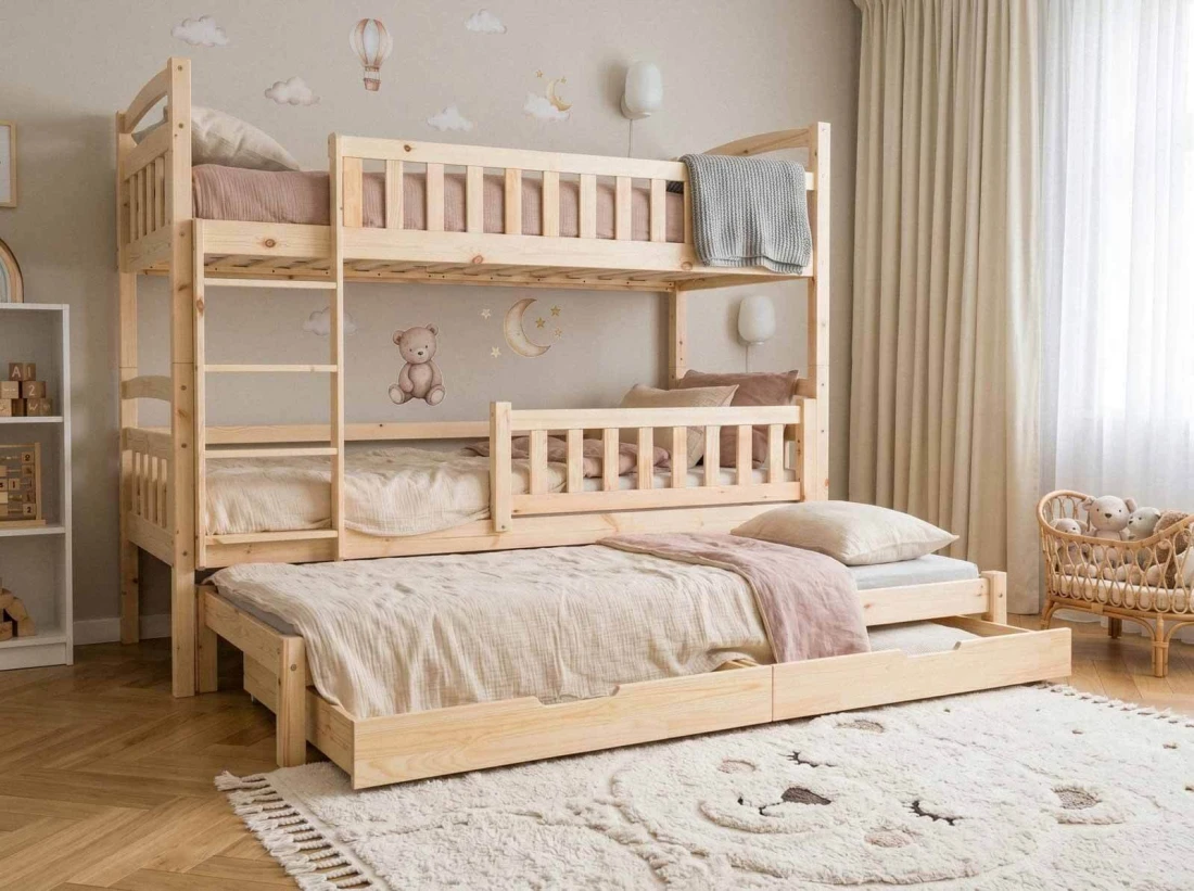 Łóżko piętrowe 3 osobowe drewniane 90x200 z szufladami P3S sosna
